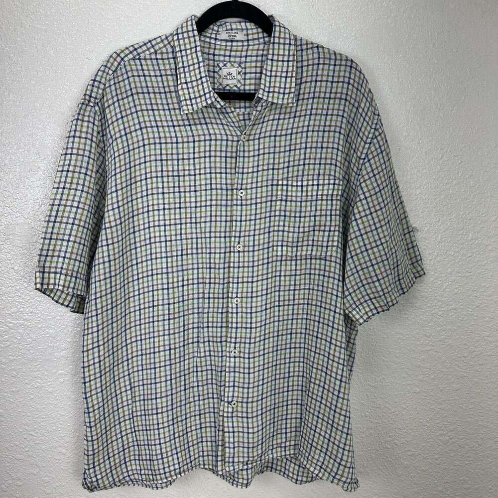 Peter Millar Button Up Shirt 100% Linen Check Mens XL Blue Green Casual